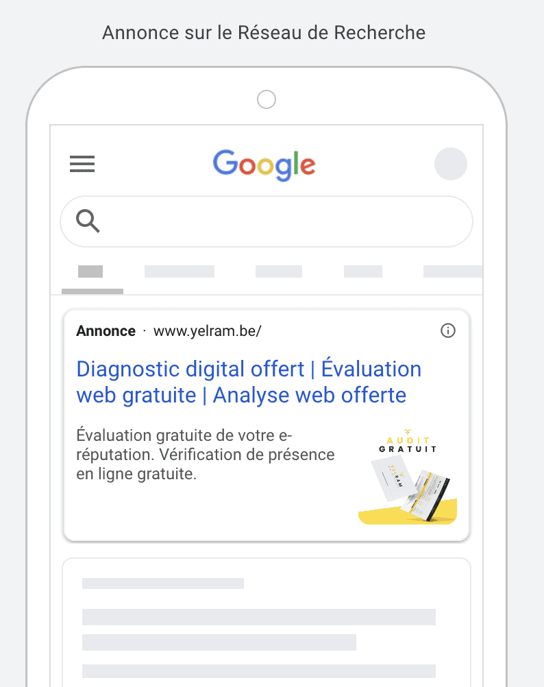 Exemple d'annonce Google Ads proposant un audit gratuit, un canal d'acquisition que l'entreprise contrôle