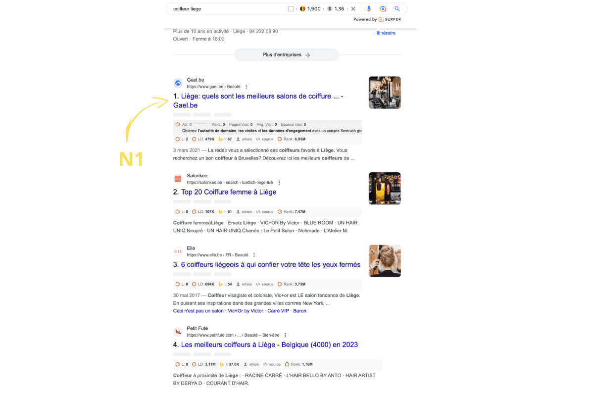 Première page de résultats Google pour une recherche de coiffeur : ce qu'un prospect voit avant de choisir