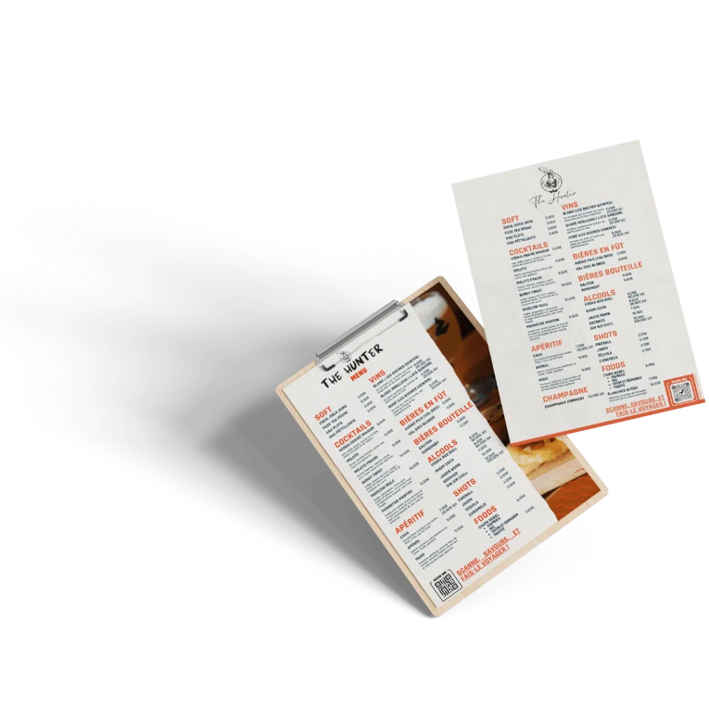 Menus imprimés créés pour le restaurant The Hunter par Yelram
