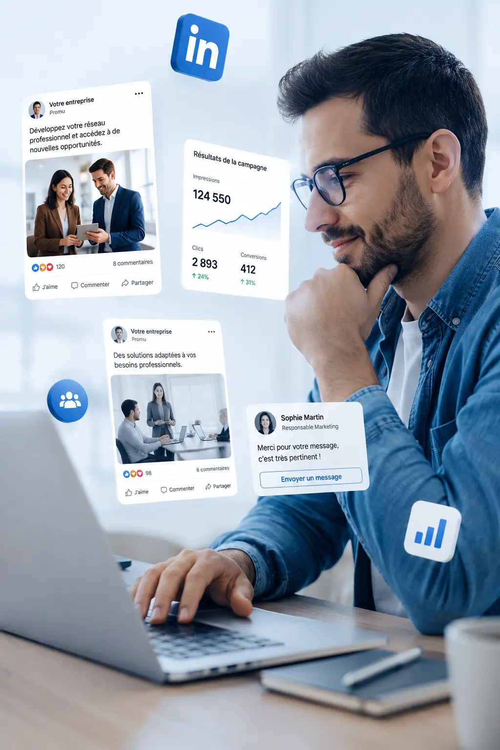 Expert pilotant une campagne LinkedIn sur ordinateur portable, avec publications sponsorisées et statistiques de performance
