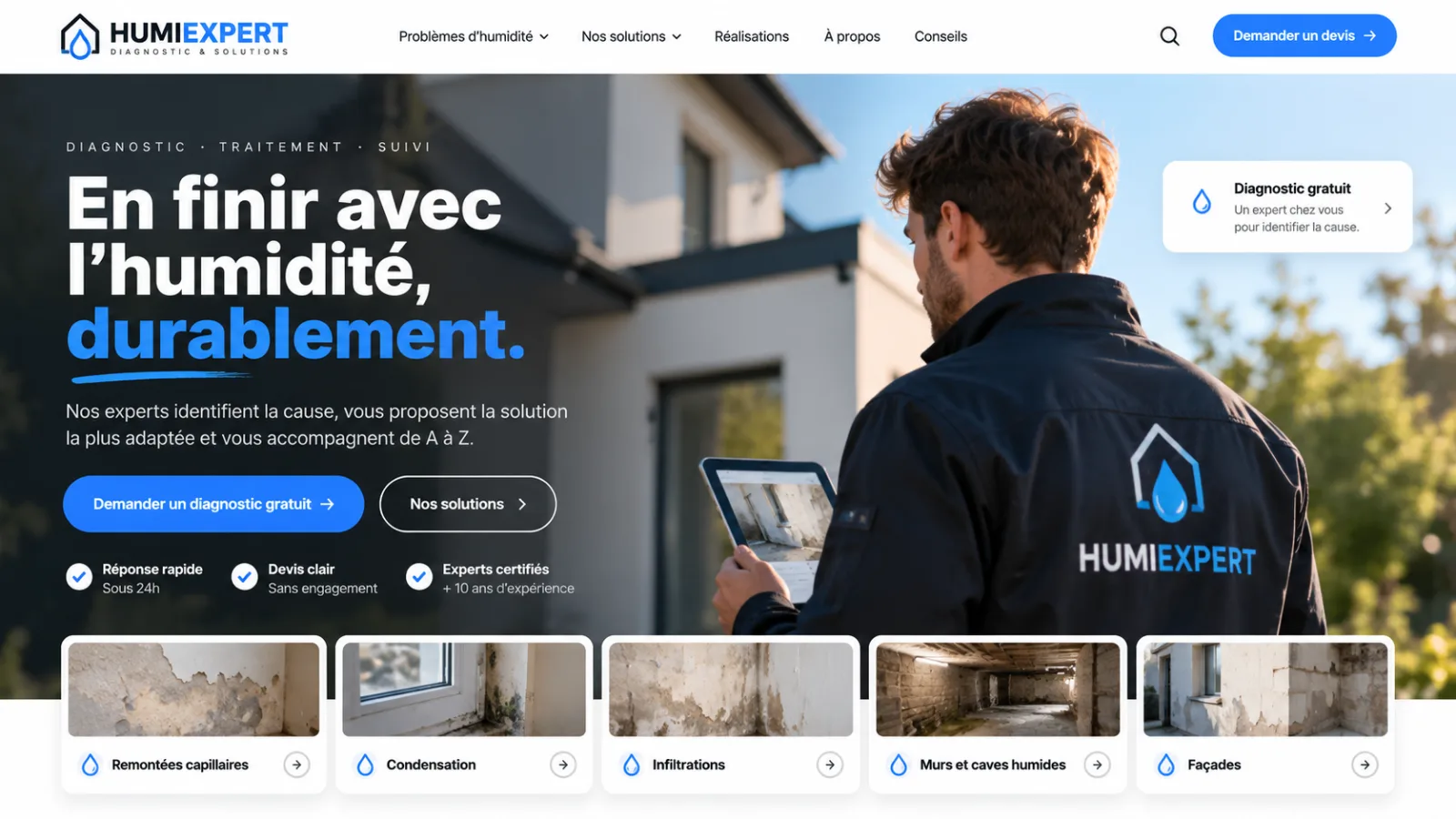Exemple de design de site web pour une entreprise de traitement de l’humidité, imaginé par Yelram
