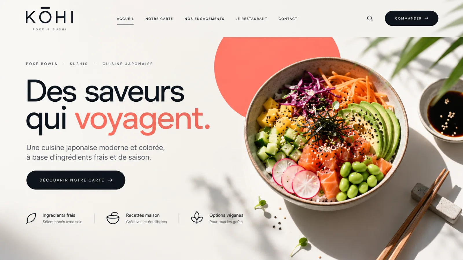 Exemple de design de site web pour un restaurant de poké bowls et sushis, imaginé par Yelram
