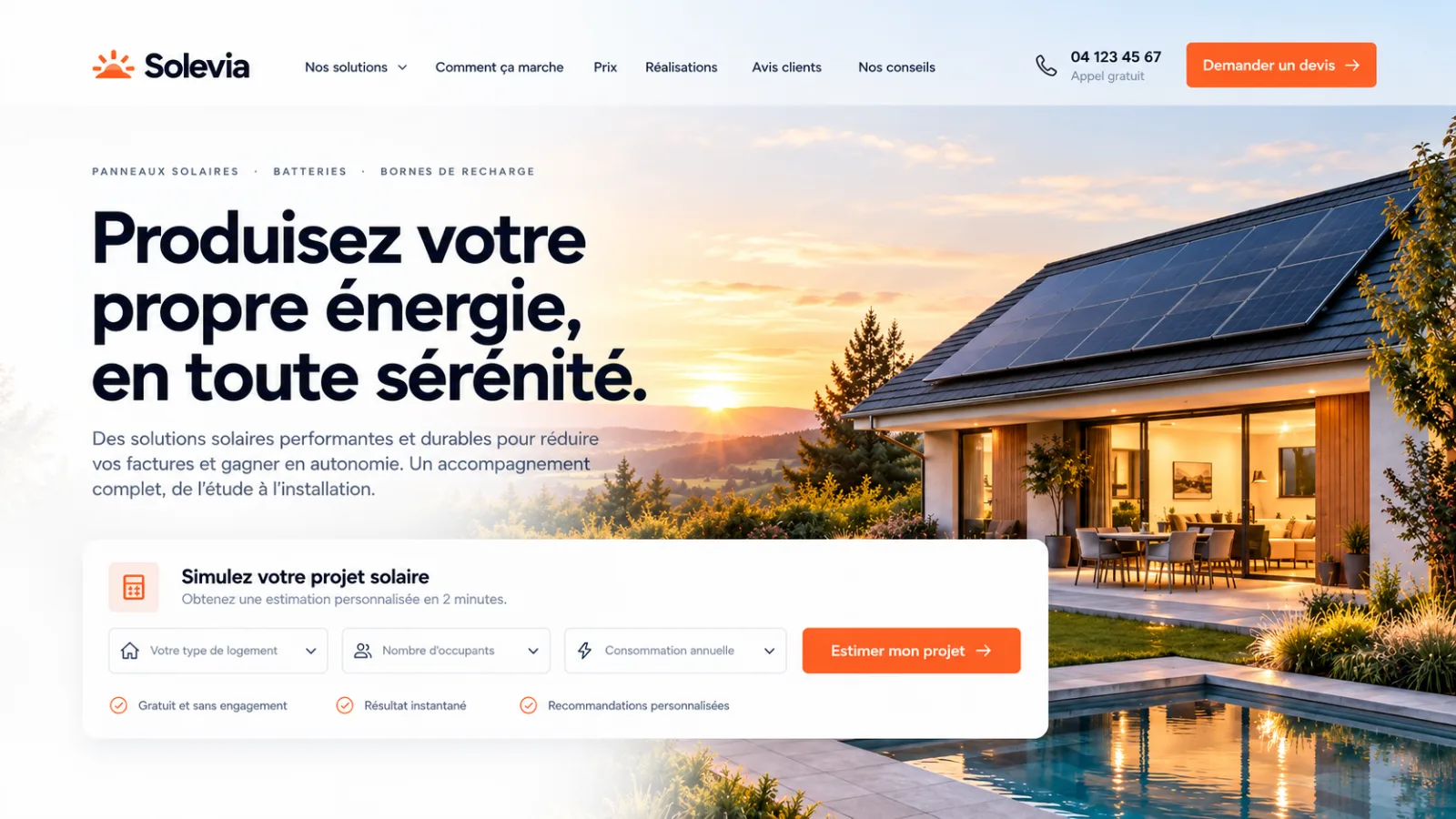Exemple de design de site web pour un installateur de panneaux solaires, imaginé par Yelram
