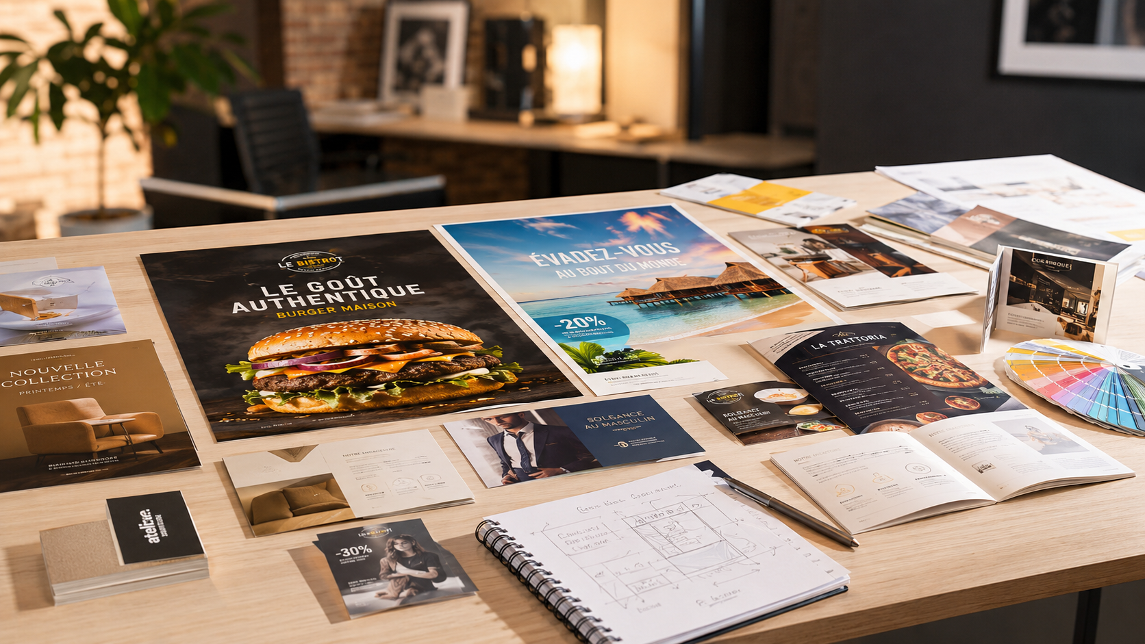 Tirages photo et supports imprimés étalés sur une table de travail