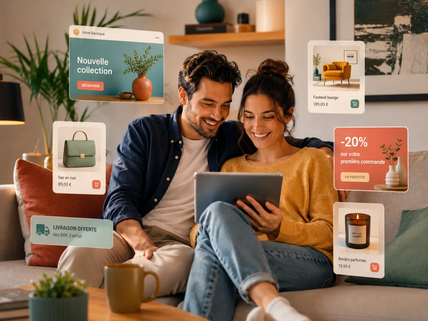 Couple qui découvre des visuels de marque sur une tablette