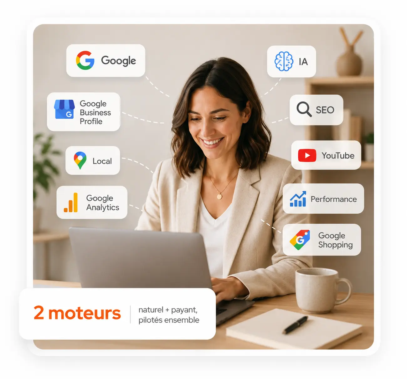 Visibilité complète sur Google : SEO, fiche Google Business, IA, YouTube, Shopping et Analytics